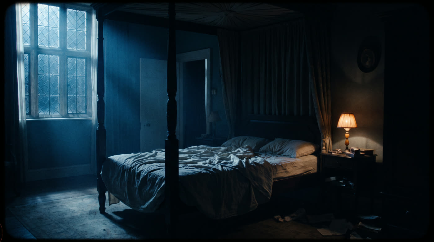 A dark bedroom at 3am with cold moonlight and a sense of presence