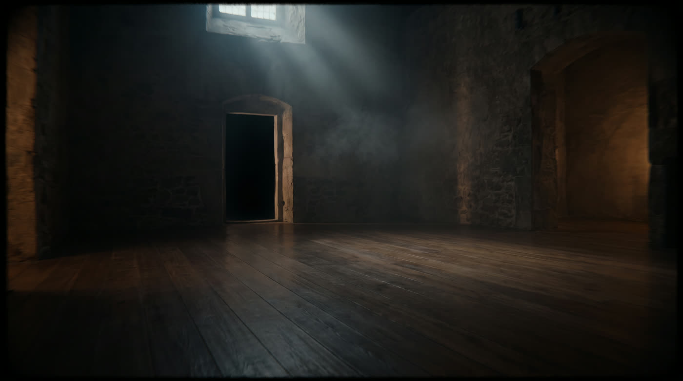 An empty, swept room with a single door open to darkness